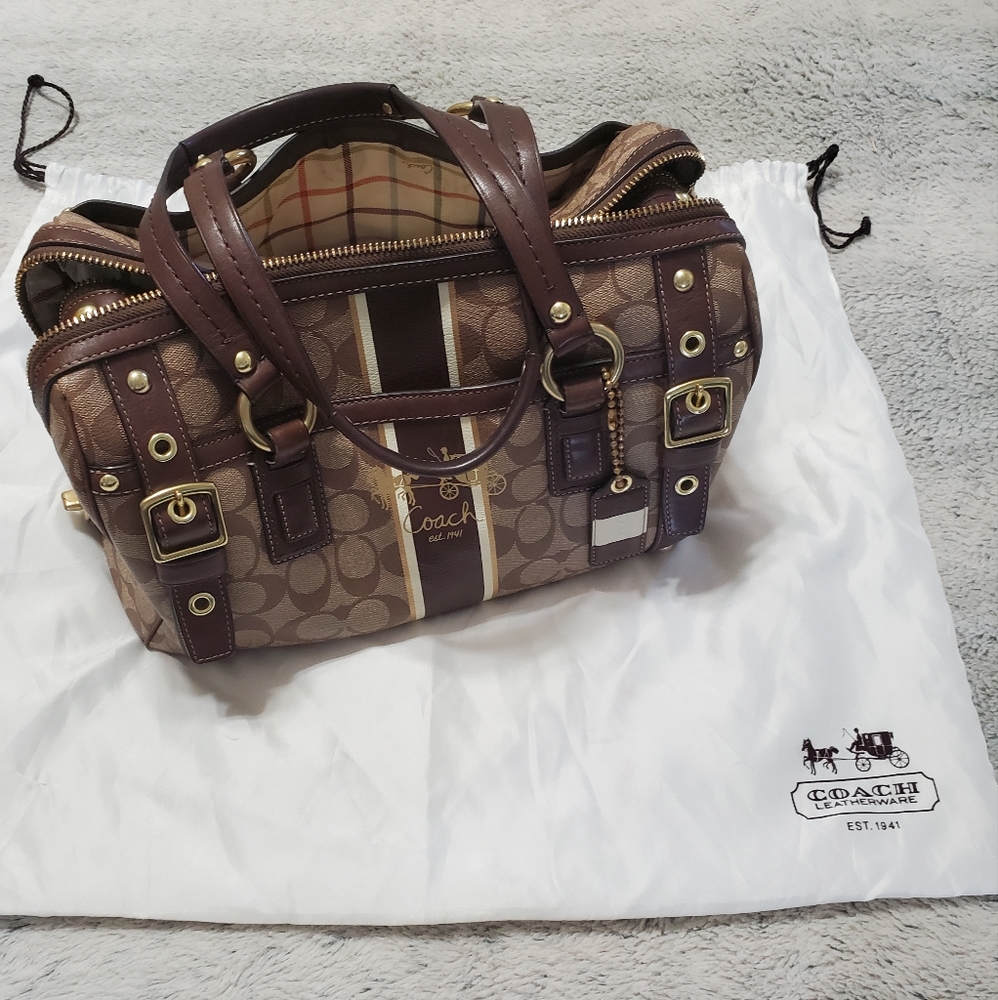 Authentic Coach Heritage Stripe Double zip satchel